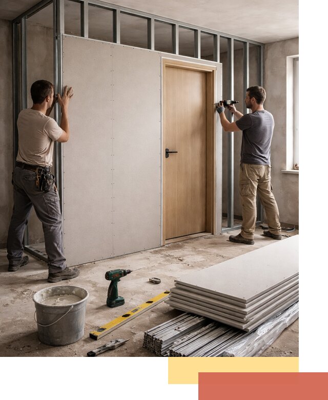 Перегородка из гипсокартона с дверью под ключ в Сургуте