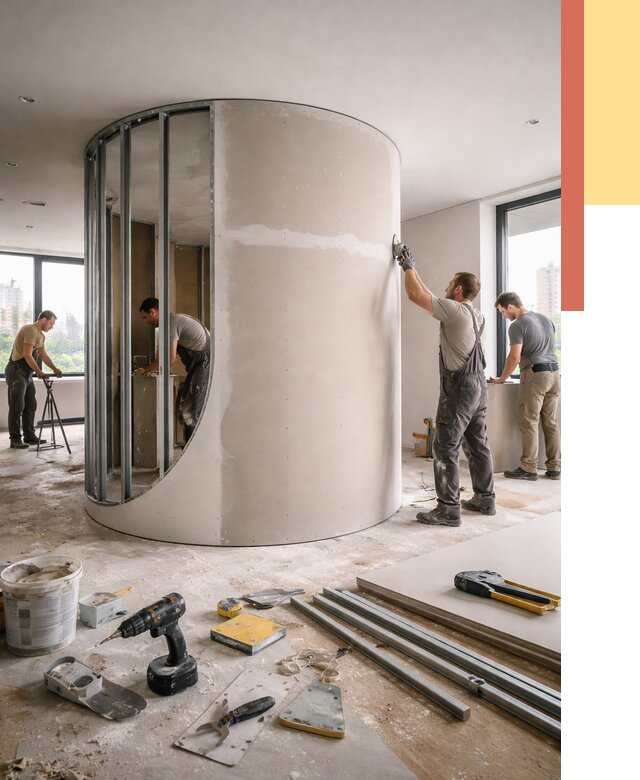 Радиусная перегородка из гипсокартона в Сургуте от 2964 руб. под ключ | ОТДЕЛОЧНИК-Срг