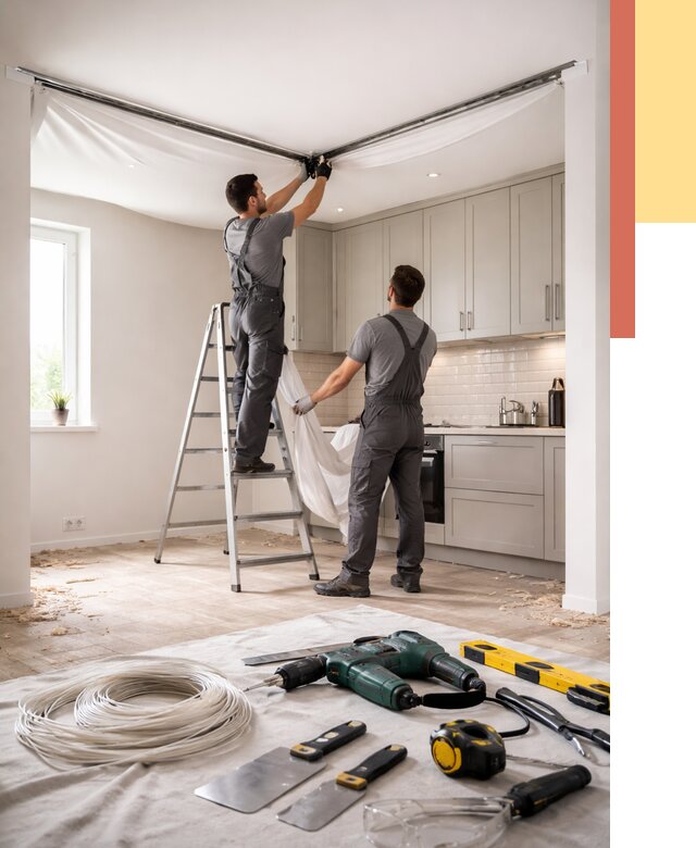 Установка натяжного потолка на кухне в Сургуте от 2453 руб. | ОТДЕЛОЧНИК-Срг