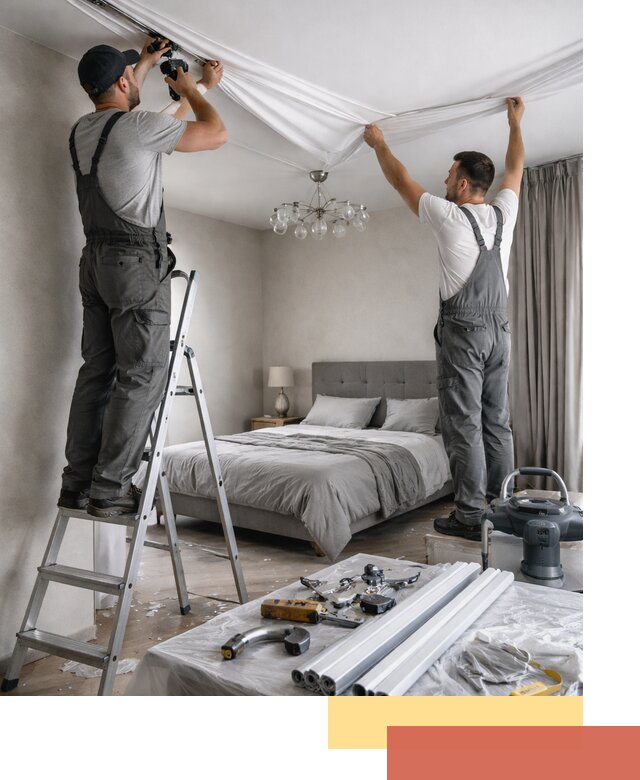 Монтаж натяжного потолка в спальне в Сургуте