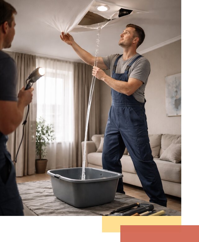 Слив воды с натяжного потолка в Сургуте быстро и аккуратно