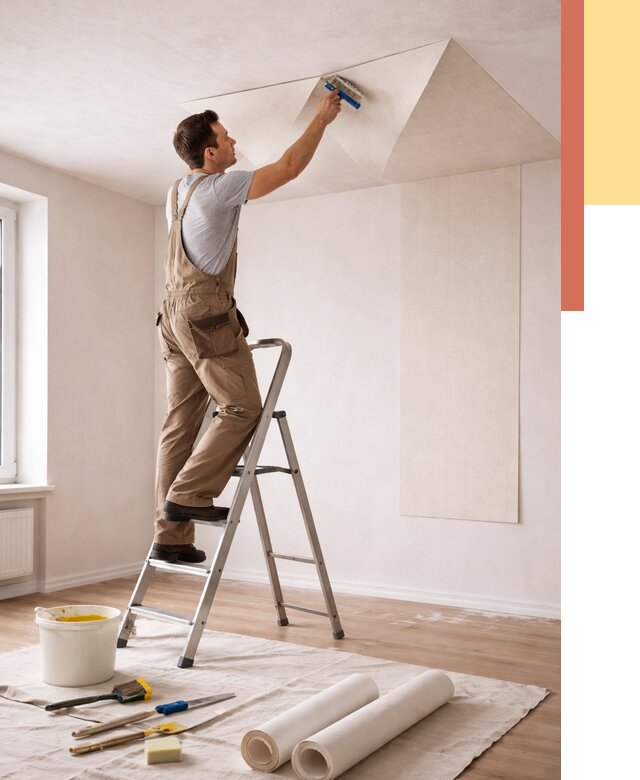 Поклейка обоев на потолок в Сургуте от 4600 руб. быстро и недорого | ОТДЕЛОЧНИК-Срг